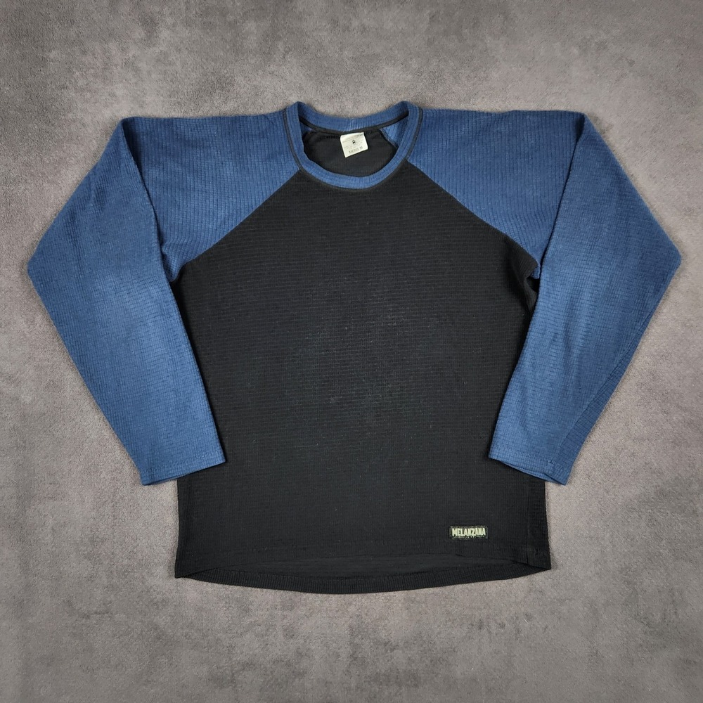 Melanzana Microgrid Fleece Crewneck Mens Medium Black Blue Long Sleeve Pullover